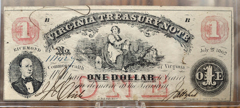 1862 Virginia Treasury Note 1 Dollar Obsolete Banknote - Virginia Confederate Currency - 1862 One Dollar VA Civil War Era Banknote