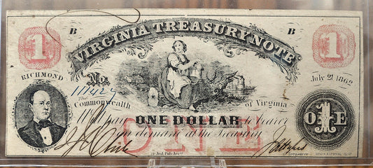 1862 Virginia Treasury Note 1 Dollar Obsolete Banknote - Virginia Confederate Currency - 1862 One Dollar VA Civil War Era Banknote