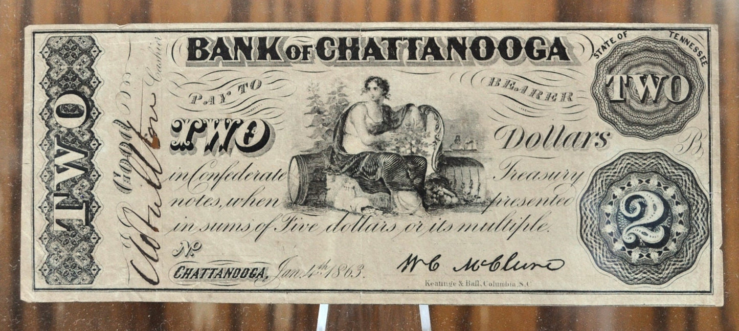 1863 Bank of Chattanooga 2 Dollar Civil War Era Banknote - Tennessee Obsolete Currency - Confederate Currency - 1863 Two Dollar TN Banknote