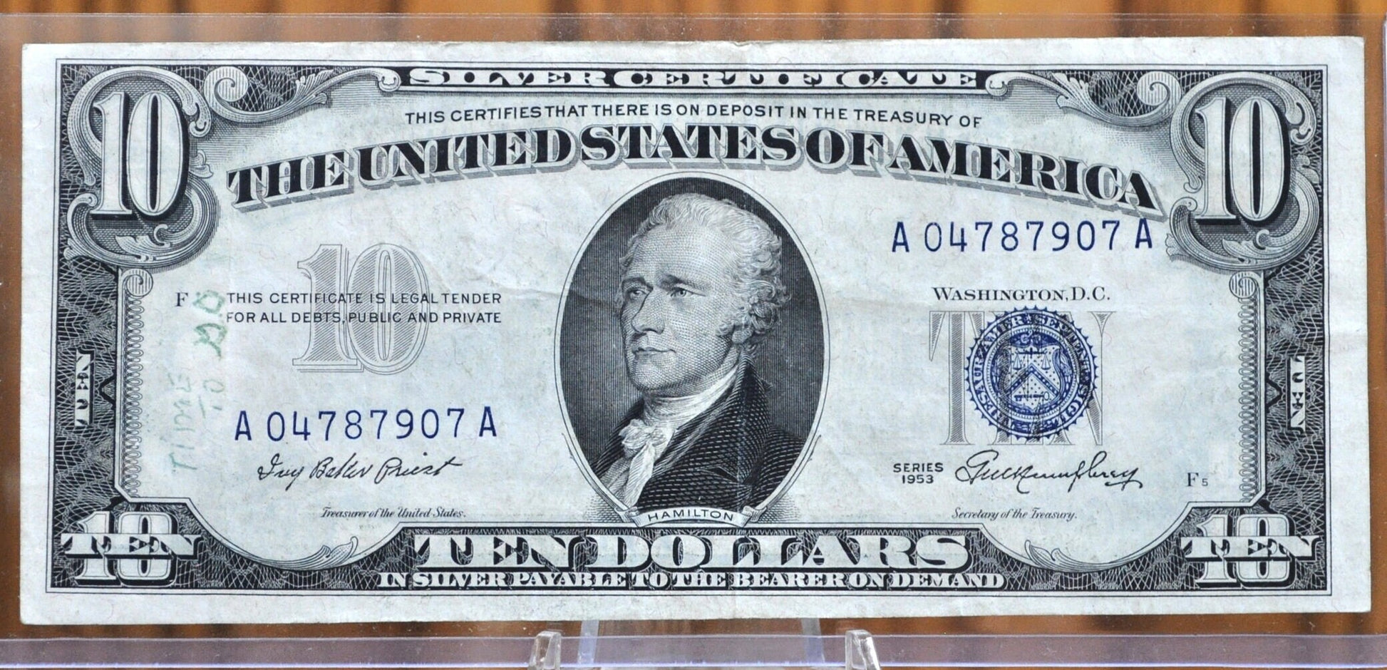 1953 Blue Seal 10 Dollar Silver Certificate Fr#1706- Choice AU Grade / Condition - 1953 Ten Dollar Silver Certificate