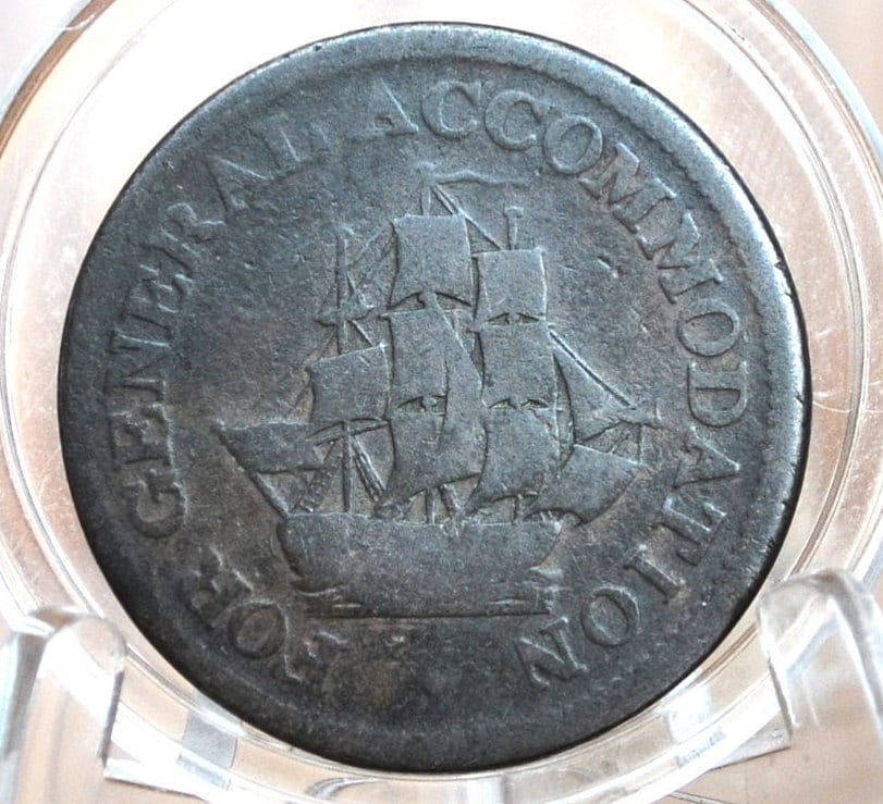 Rarer 1813 Nova Scotia Half Penny Token For General Accommodation, 1/2 Penny Token Canada 1813 Nova Scotia Token, 1813 Ship Half Penny