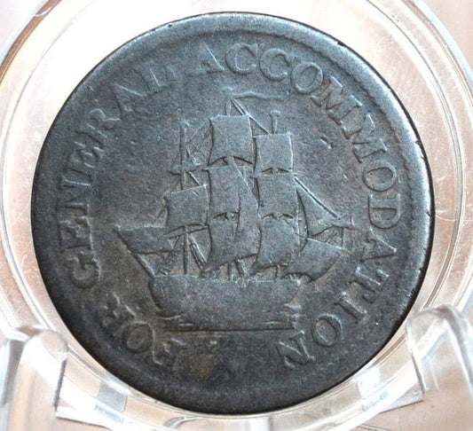 Rarer 1813 Nova Scotia Half Penny Token For General Accommodation, 1/2 Penny Token Canada 1813 Nova Scotia Token, 1813 Ship Half Penny