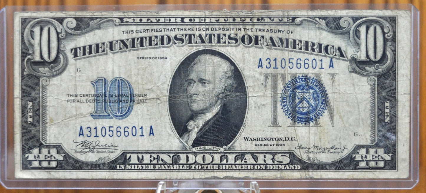 1934 10 Dollar Silver Certificate - F/VF (Fine-Very Fine) Grade / Condition - Blue Seal 1934 Ten Dollar Silver Cert - Fr#1701, Fr1701