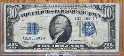 1934 10 Dollar Silver Certificate - F/VF (Fine-Very Fine) Grade / Condition - Blue Seal 1934 Ten Dollar Silver Cert - Fr#1701, Fr1701