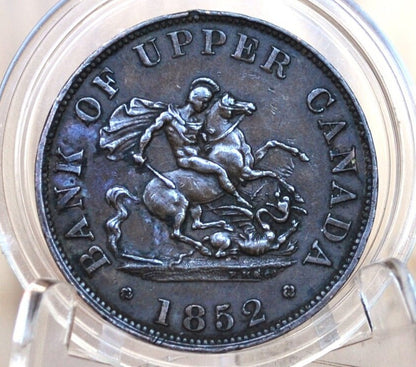1852 Bank of Upper Canada One Half Penny - 1/2 Penny Bank Token - Uncirculated, Cool Color - 1857 Bank Token One Penny - 1852 Canadian Bank Token