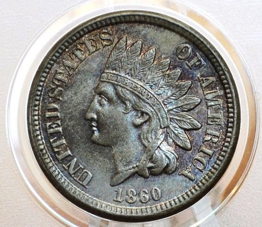 1860 Indian Head Penny - MS64 Choice Uncirculated, Superior Eye Appeal & Color - Round Bust - Prooflike Fields - 1860 Cent Indian Head 1860