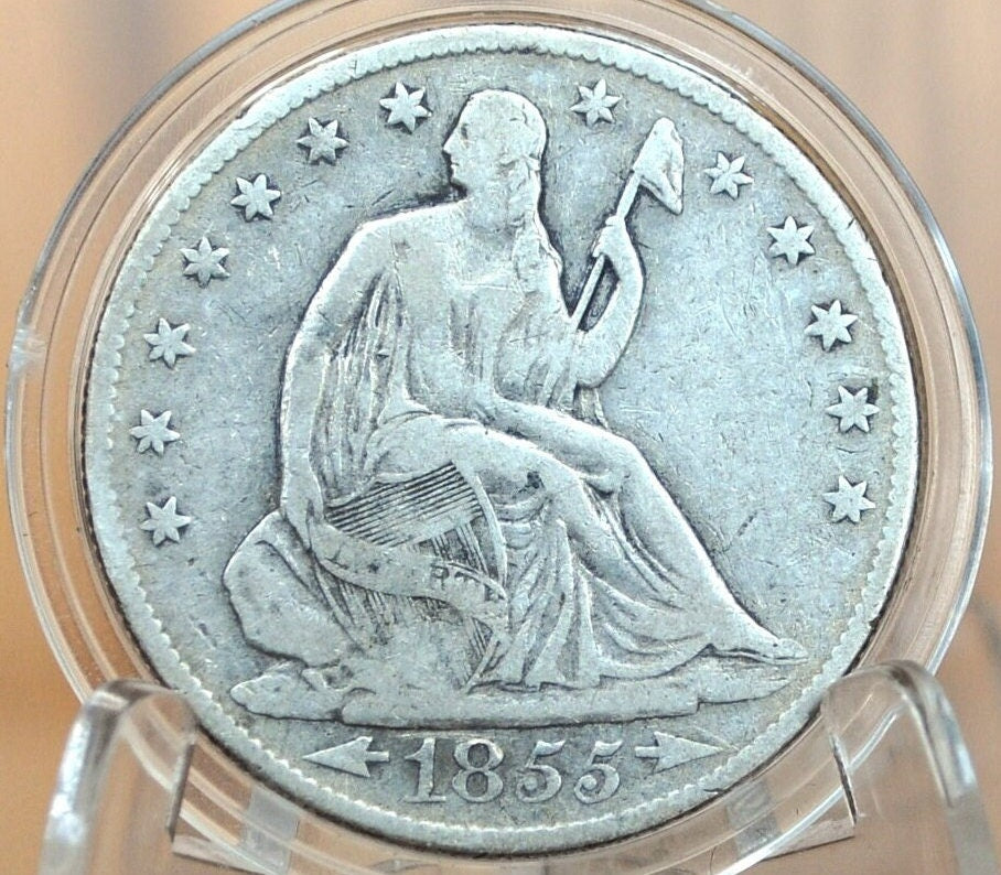 1855-O Seated Liberty Half Dollar - F+ Grade / Condition (Fine Plus) - 1855O Liberty Seated Silver Half Dollar With Arrows - Authentic