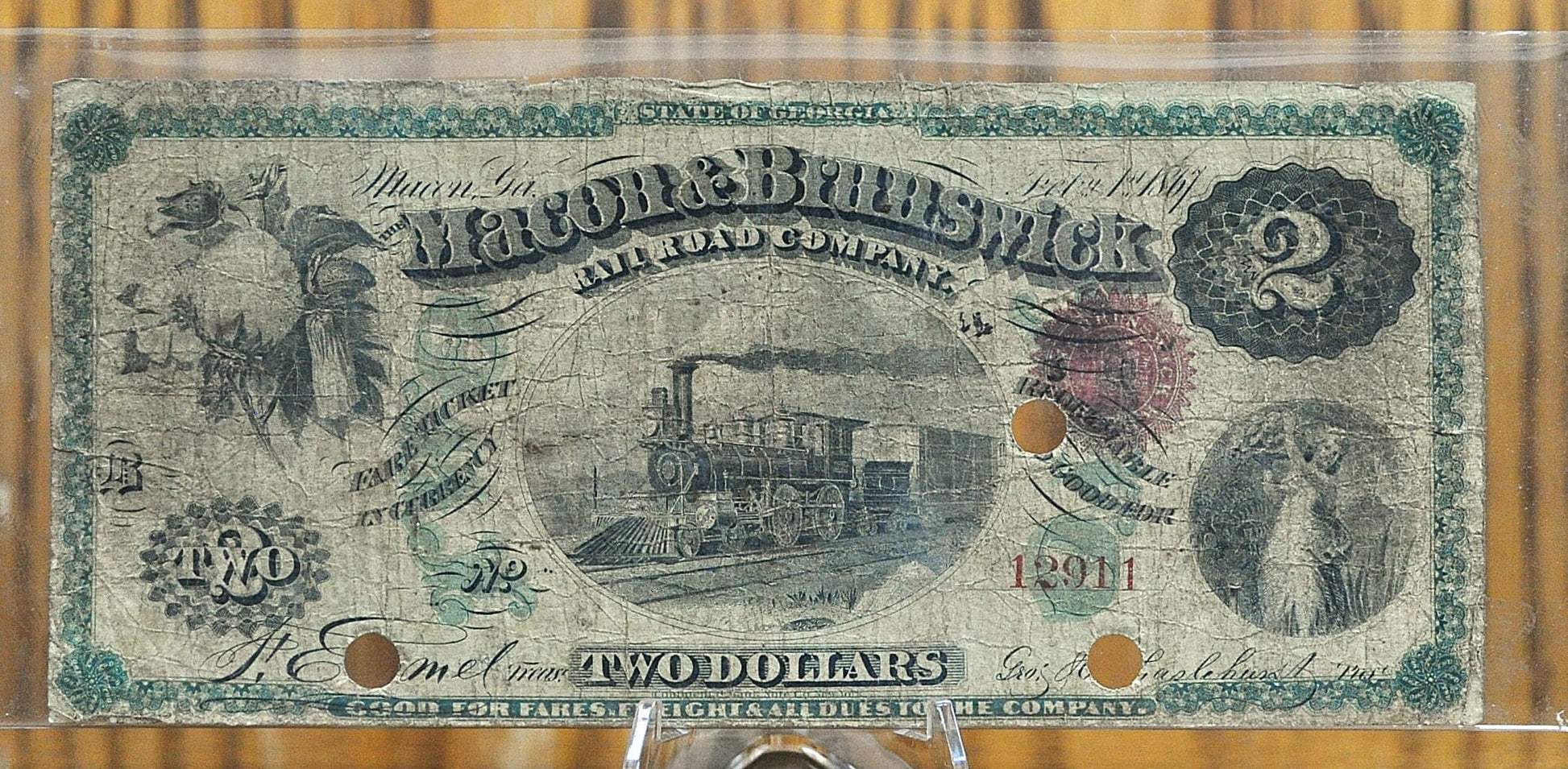 1867 Macon & Brunswick Railroad Company 2 Dollar Fare Ticket- Rare Georgia Obsolete Currency - 1867 Two Dollar GA Railroad Fare Ticket