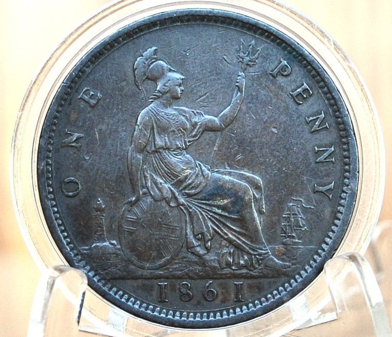 1861 Great Britain One Penny - AU (About Uncirculated) Grade/Condition - UK Penny 1861 England 1 Cent - Queen Victoria - Bronze, High Grade