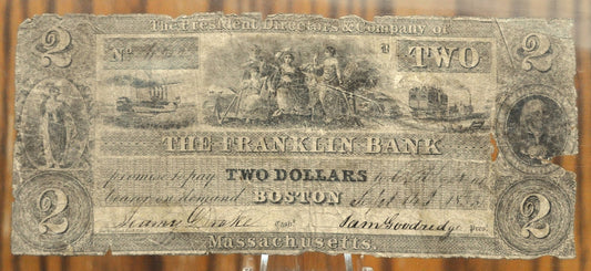 1833 Franklin Bank 2 Dollar Boston Banknote - Massachusetts Obsolete Currency - Pre-Civil War Banknote - 1833 Two Dollar Boston MA Bank Note