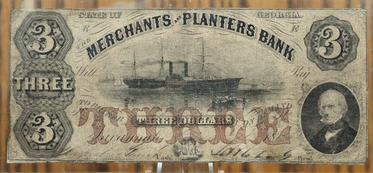 1856 Merchants and Planters Bank 3 Dollar Banknote - Georgia Obsolete Currency - Savannah, GA - 1856 Three Dollar Georgia Obsolete Bank Note