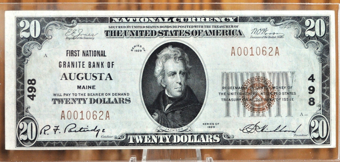 1929 20 Dollar National Bank Note Fr1802-1, S-2121 - Choice Uncirculated - Type 1, First National Bank of Augusta Maine, Charter Number 498