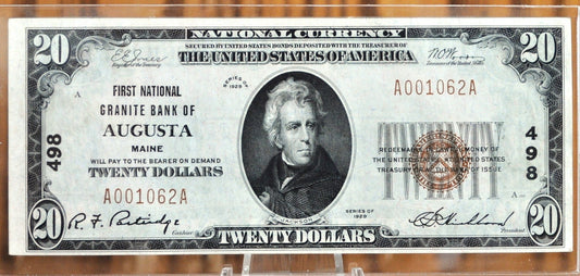 1929 20 Dollar National Bank Note Fr1802-1, S-2121 - Choice Uncirculated - Type 1, First National Bank of Augusta Maine, Charter Number 498