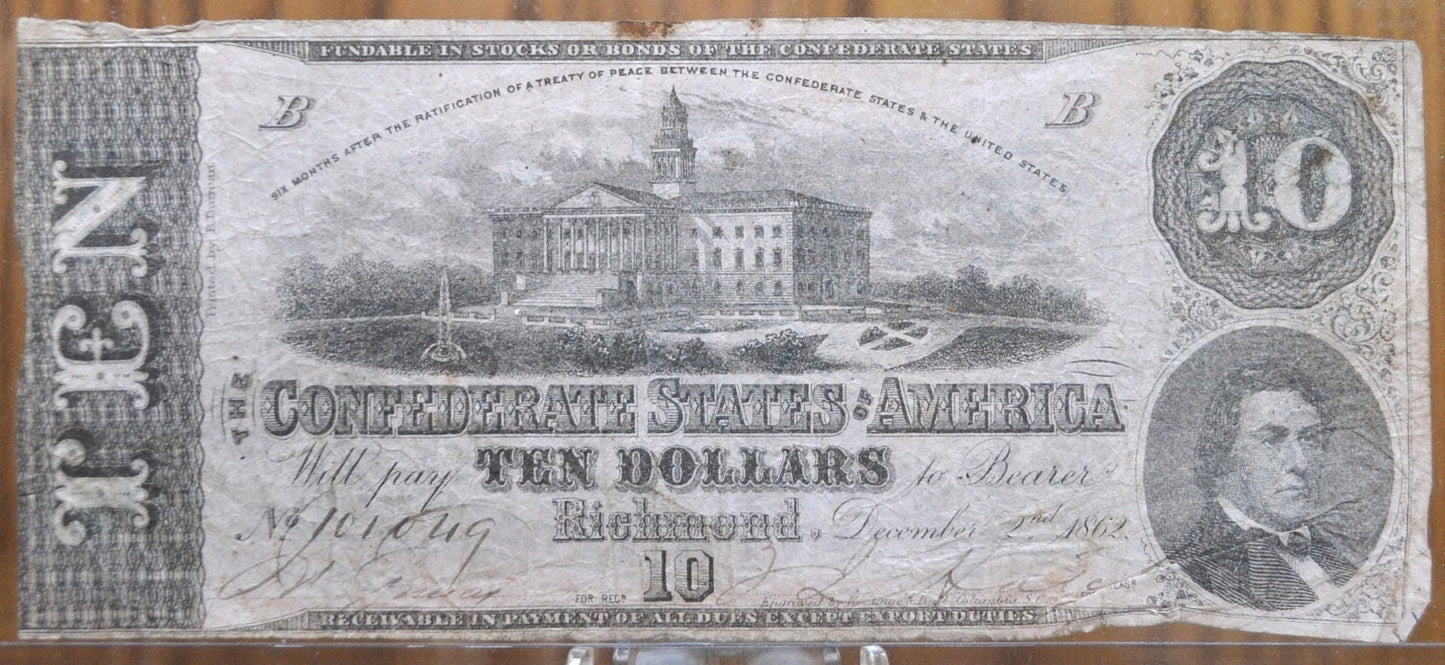 1862 Confederate States of America Ten Dollar Bill T-52 / CS-52 - Civil War Issue Banknote - Confederate 10 Dollar Bill 1862 - Richmond VA