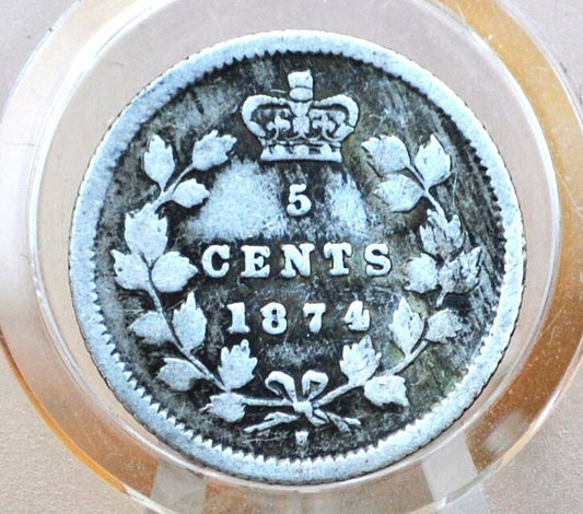 1874 Canadian Silver 5 Cent Coin - F (Fine) Grade / Condition - Queen Victoria Canada 5 Cent Sterling Silver 1874, Low Mintage Date