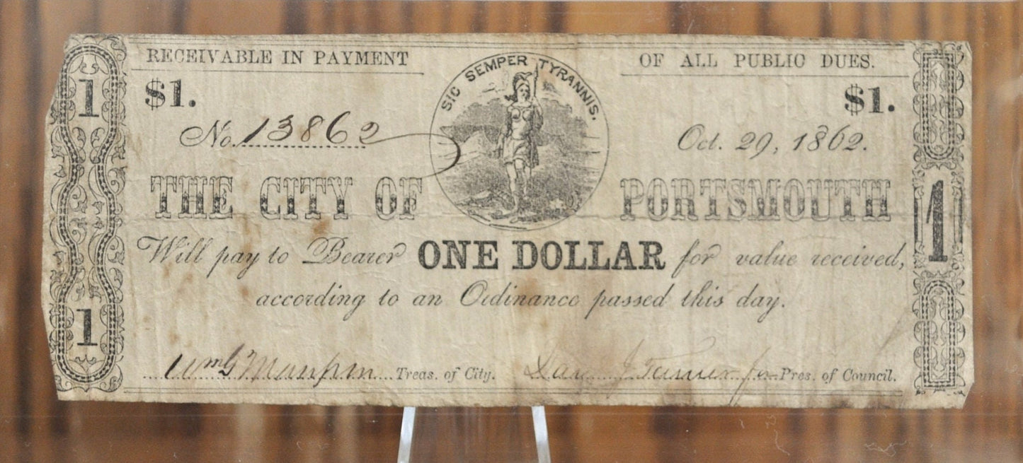 1862 City of Portsmouth Treasury Note 1 Dollar Banknote - Virginia Confederate Currency - 1862 One Dollar Portsmouth VA Civil War Bank Note