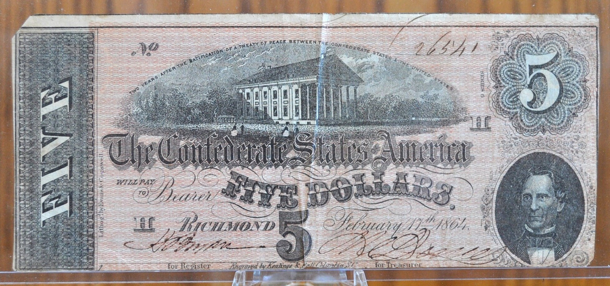 1864 Confederate States of America 5 Dollar Bill - Civil War Issue Banknote - Confederate Five Dollar Bill - Richmond Capitol, T-69 / CS-69