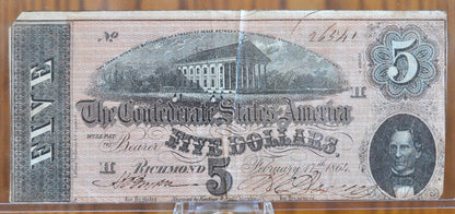 1864 Confederate States of America 5 Dollar Bill - Civil War Issue Banknote - Confederate Five Dollar Bill - Richmond Capitol, T-69 / CS-69