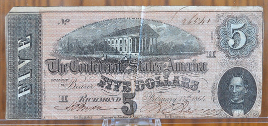 1864 Confederate States of America 5 Dollar Bill - Civil War Issue Banknote - Confederate Five Dollar Bill - Richmond Capitol, T-69 / CS-69