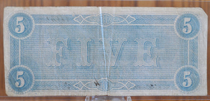 1864 Confederate States of America 5 Dollar Bill - Civil War Issue Banknote - Confederate Five Dollar Bill - Richmond Capitol, T-69 / CS-69