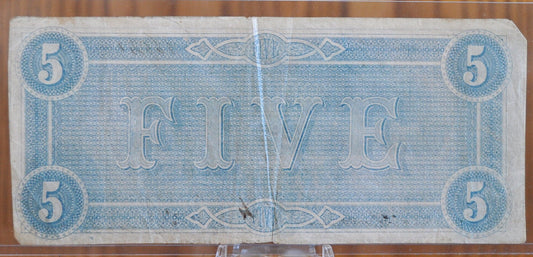 1864 Confederate States of America 5 Dollar Bill - Civil War Issue Banknote - Confederate Five Dollar Bill - Richmond Capitol, T-69 / CS-69