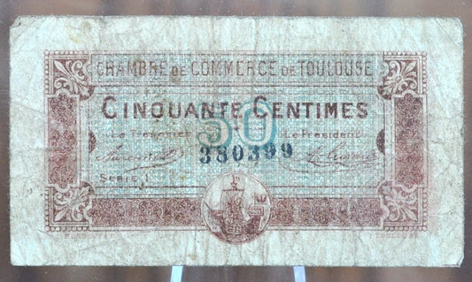 1917 France Toulouse Chamber of Commerce 50 Centimes Banknote - First Series - 1917 French Fifty Centimes Chamber of Commerce Banknote 1917