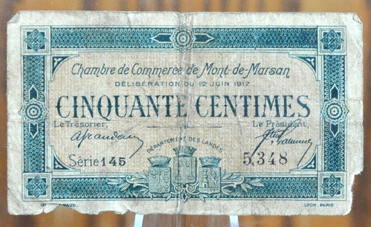 1917 France Mont-de-Marson Chamber of Commerce 50 Centimes Banknote - 1917 French Fifty Centimes Chamber of Commerce Banknote 1917