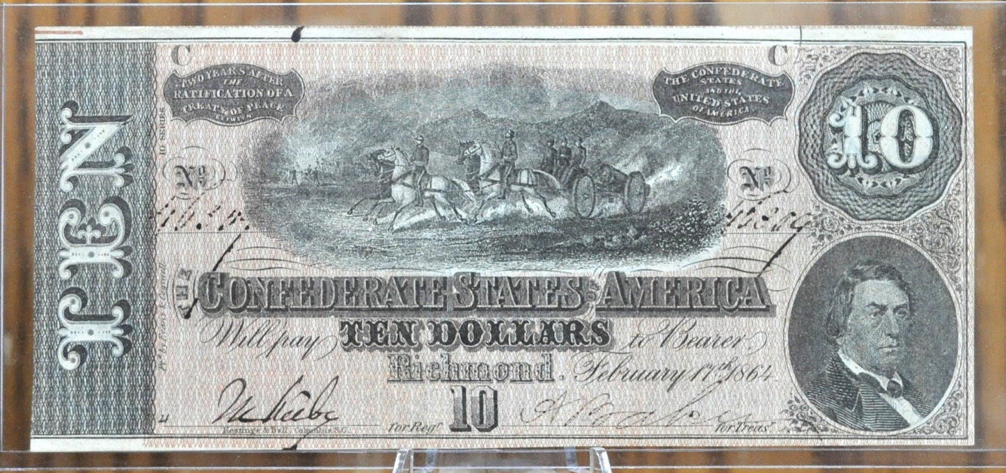 1864 Confederate States of America Ten Dollar Bill - Civil War Issue Banknote - Confederate 10 Dollar Bill - Richmond VA, T-68 / CS-68