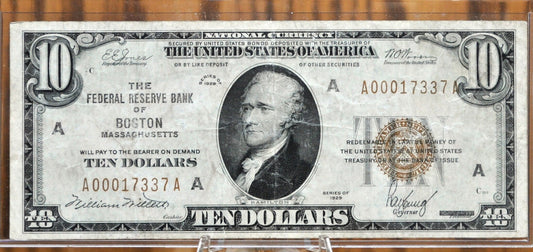 1929 10 Dollar National Currency Note Fr1860-A - VF - Boston 1929 Brown Seal Ten Dollar Federal Reserve Banknote Fr1860A - Rarer Note