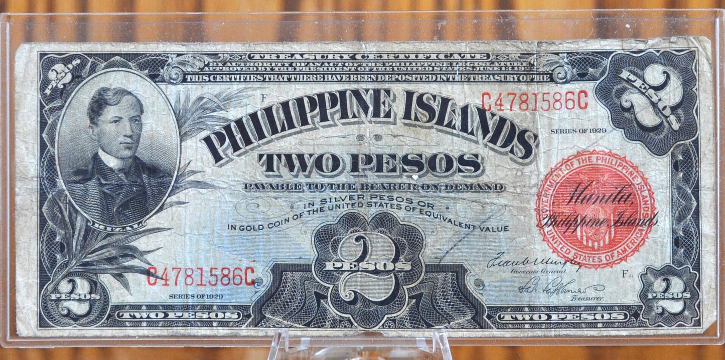 1929 Philippines 2 Pesos Treasury Certificate, Rarer Note - Great Condition - 1929 Two Pesos Treasury Certificate 1929 P# 74b