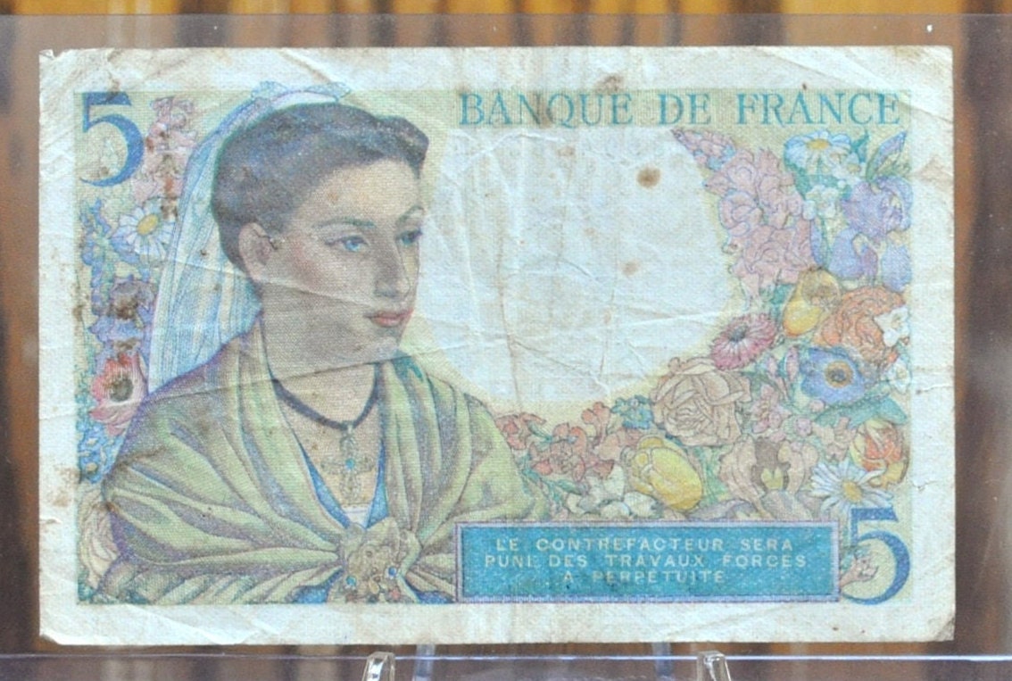 1943 France 5 Franc Banknote - WWII Era French Bank Note, Shepard Design - 1943 -French Cinq Francs Banknote 1943 P# 98a