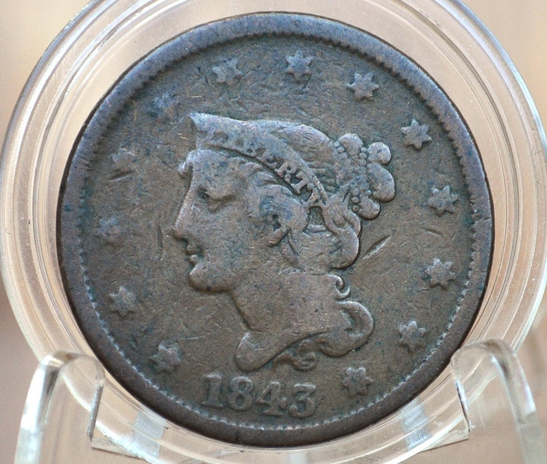 1843 Braided Hair Large Cent - Petite Head, Small Letter - 1843 Coronet Cent - 1843 US Large Cent - Braided Hair 1839 to 1857