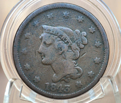 1843 Braided Hair Large Cent - Petite Head, Small Letter - 1843 Coronet Cent - 1843 US Large Cent - Braided Hair 1839 to 1857