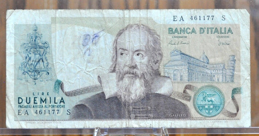 1983 Bank of Italy 2000 Lire Italian Banknote - 1983 Italy Two Thousand Lire Banknote, Galileo Portrait 1983 P#103c