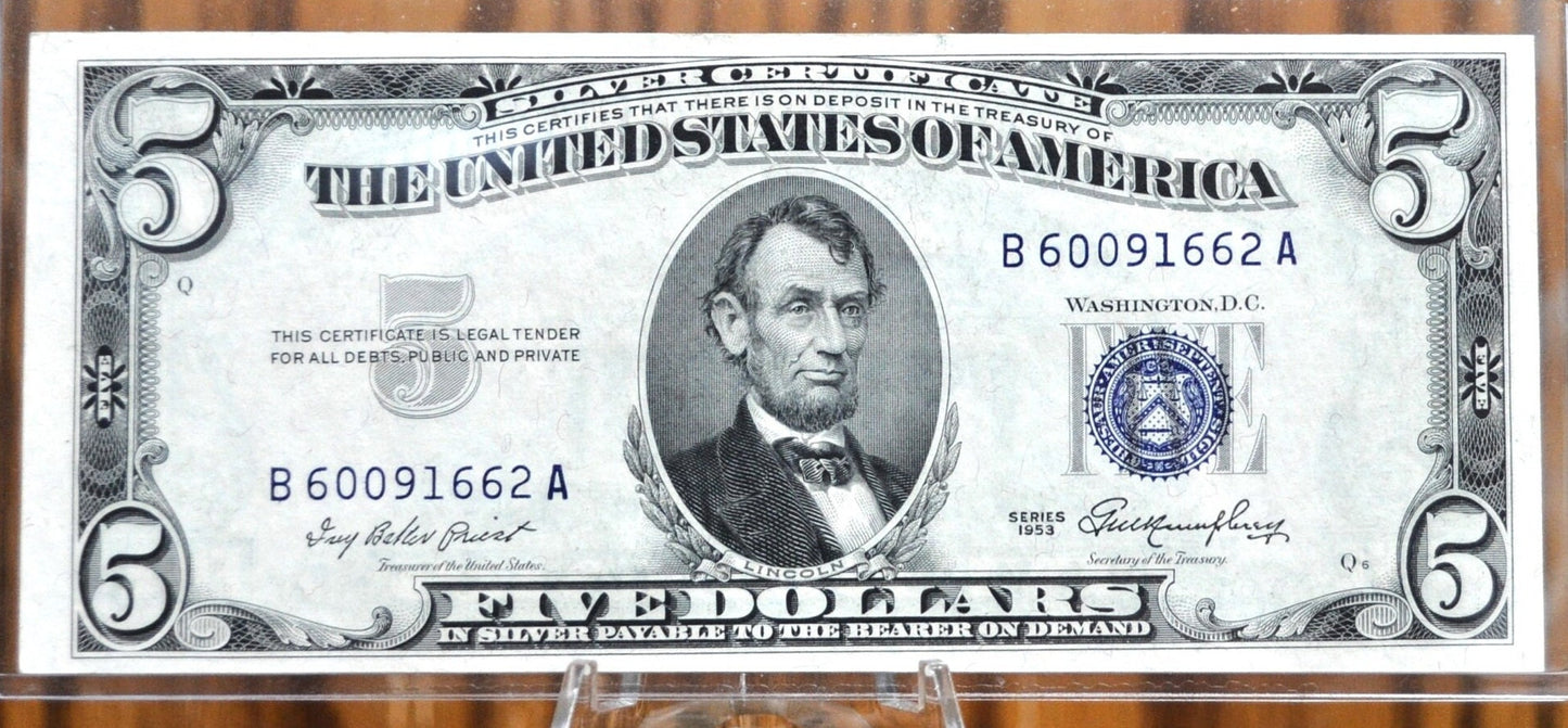 1953 Blue Seal 5 Dollar Bill / 1953 Five Dollar Silver Certificate - Choose by Grade / Condition - 1953 Silver Certificate