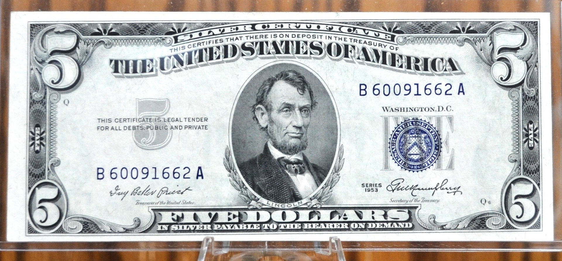 1953 Blue Seal 5 Dollar Bill / 1953 Five Dollar Silver Certificate - Choose by Grade / Condition - 1953 Silver Certificate