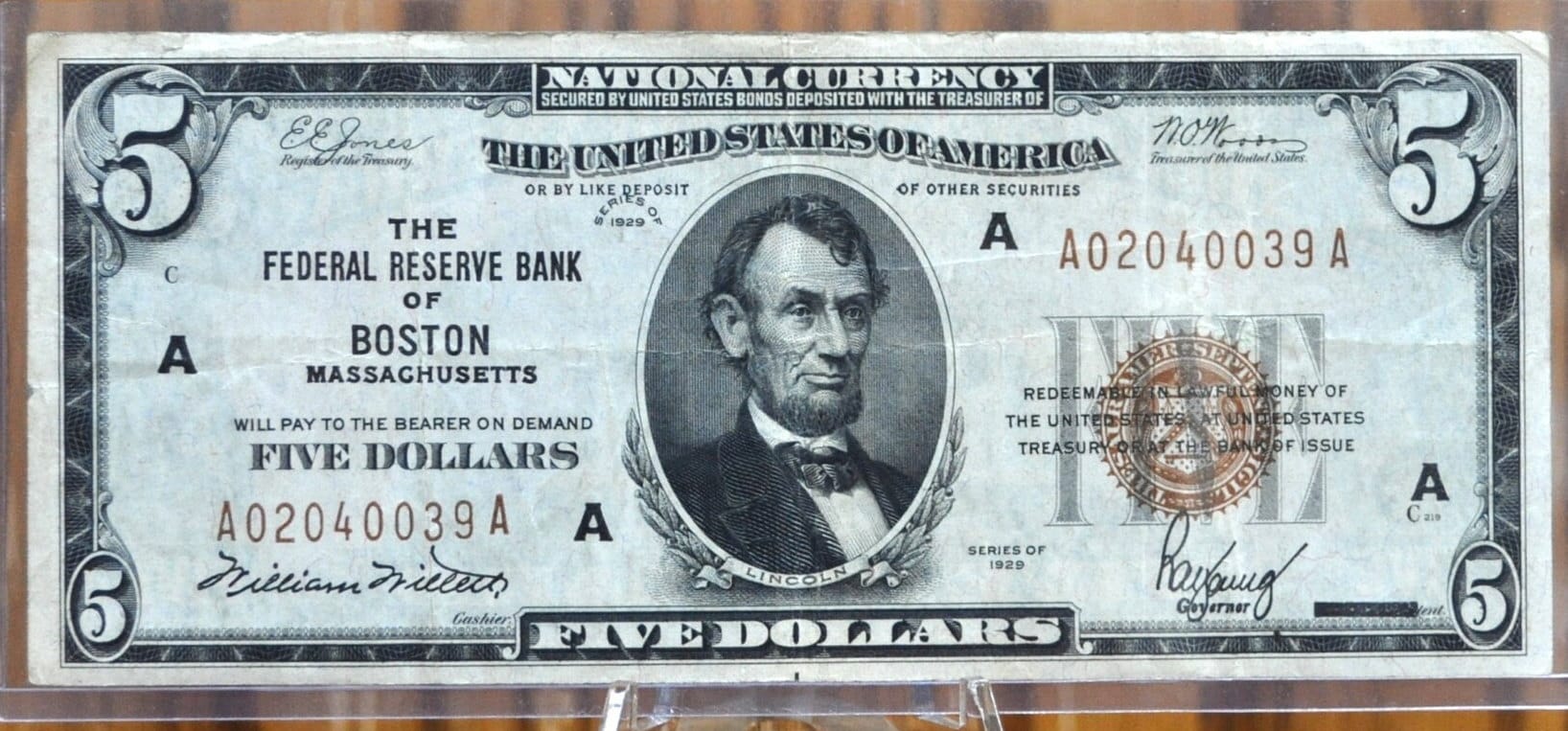 1929 5 Dollar National Currency Note Fr1850-A - VF+ (Very Fine Plus), 1929 Brown Seal 5.00 FRBN Boston Five Dollar Fr#1850A, Great Condition