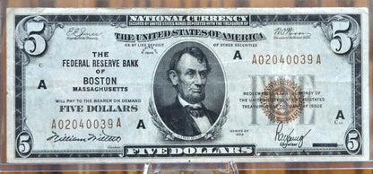 1929 5 Dollar National Currency Note Fr1850-A - VF+ (Very Fine Plus), 1929 Brown Seal 5.00 FRBN Boston Five Dollar Fr#1850A, Great Condition