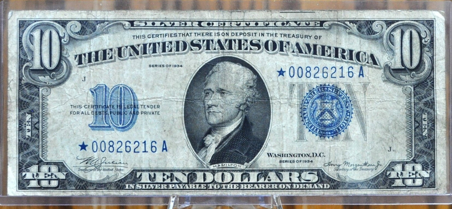 1934 10 Dollar Star Note Silver Certificate Star Note Fr#1701* - F+ Grade / Condition - 1934 Ten Dollar Star Note 1934 Fr1701*