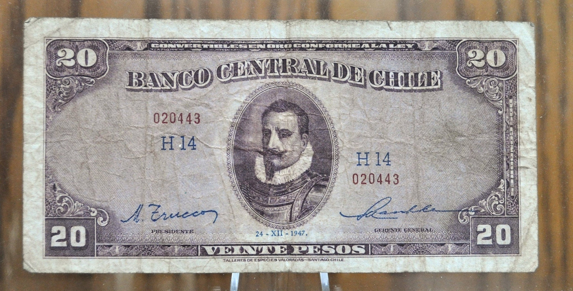 1947 Central Bank of Chile 20 Pesos Banknote - VF Grade / Condition - Twenty Pesos Chile Note 1947 - Rarer Note, Series H14 - P#93b