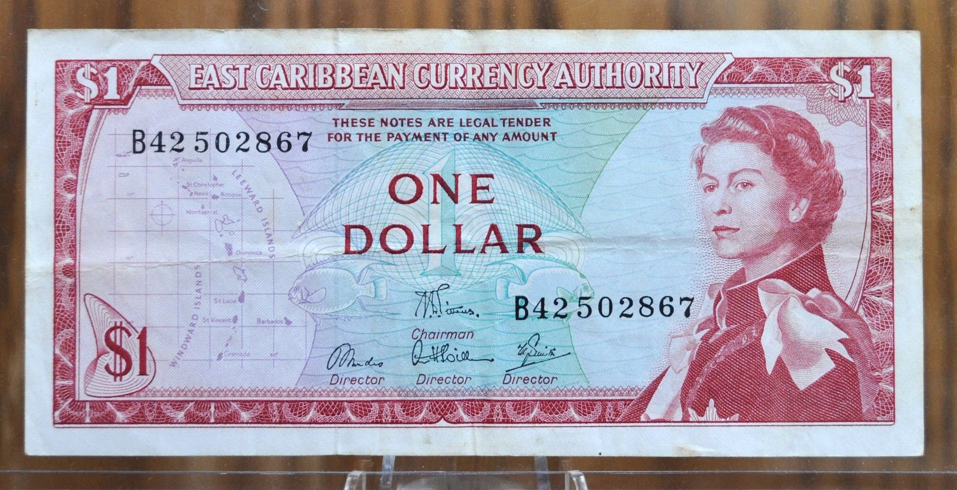 1965 East Caribbean States 1 Dollar Banknote - Barbados and Grenada, Signature 6 - 1965 East Caribbean British Islands 1 Dollar Note - P#13d