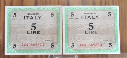 1943 5 Lire Allied Military Italy Note- Consecutive Serial Numbers! - Italy Five Lire Allied Banknote 1943 - Allied Military WWII - P#M12b