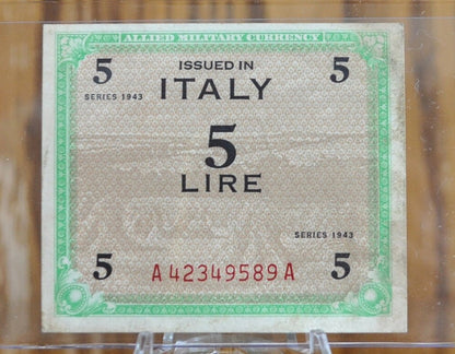 1943 5 Lire Allied Military Italy Note - XF to F Grade - Italy Banknote Five Lire Cinque Lire Banknote 1943 - Allied Military WWII - P#M12a