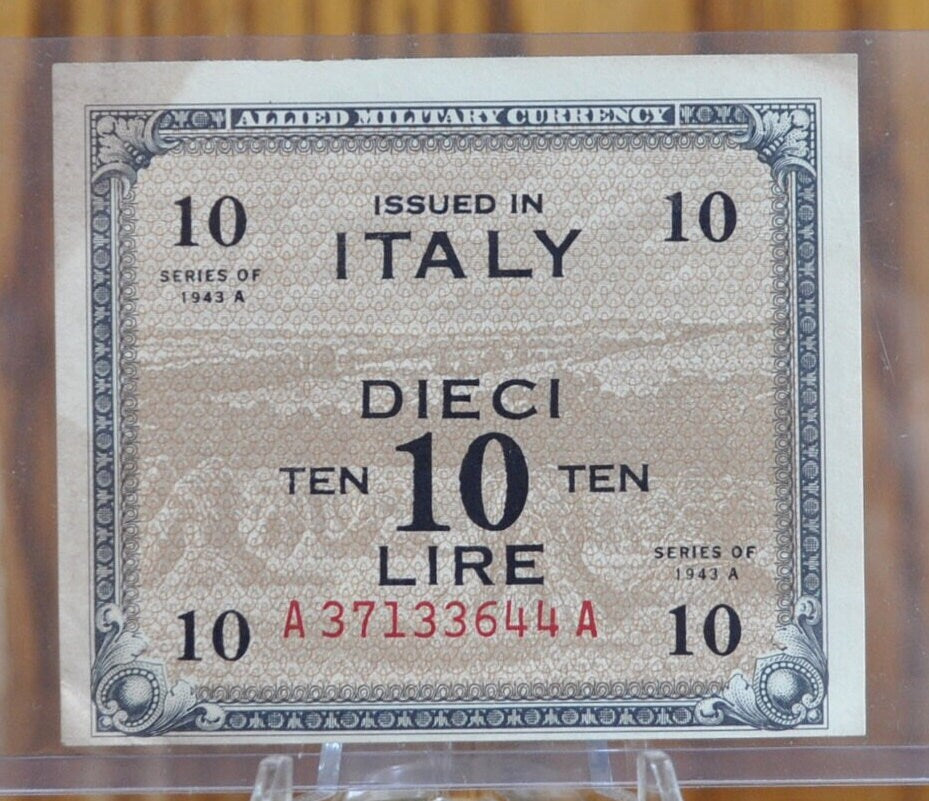 1943 10 Lire Italian Banknote - Cool Old Banknote from WWII - Italy Banknote Ten Lire Dieci Lire Banknote 1943 A Allied Military WWII Issue