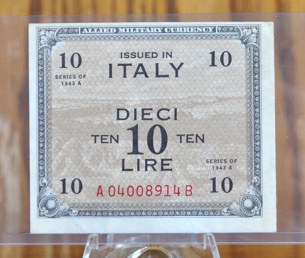 1943 10 Lire Italian Banknote - Prefix-Suffix: A-B - Italy Banknote Ten Lire Dieci Lire Banknote 1943A Allied Military WWII - P#M19b