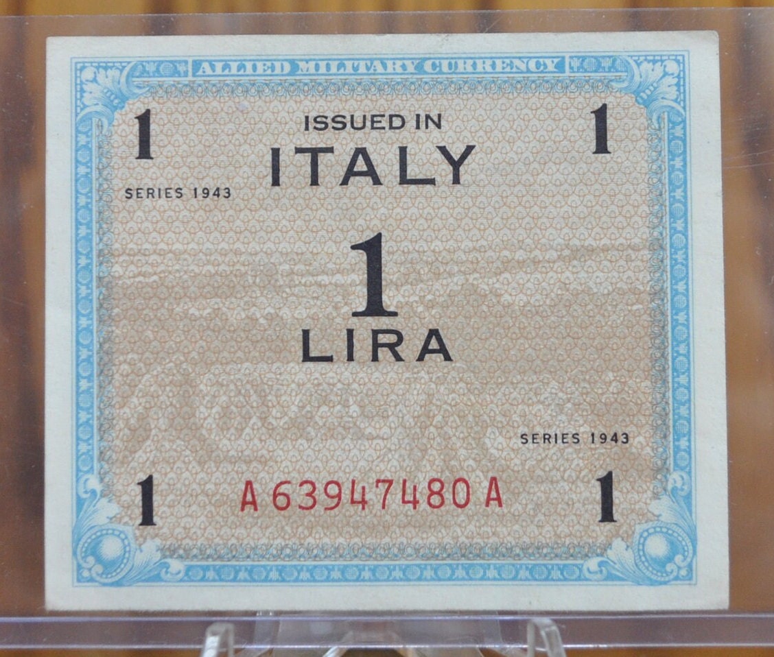 1943 1 Lira Allied Military Italy Note - VF to AU Grade/ Condition - Italy Banknote One Lire Banknote 1943 - Allied Military WWII - P#M10a