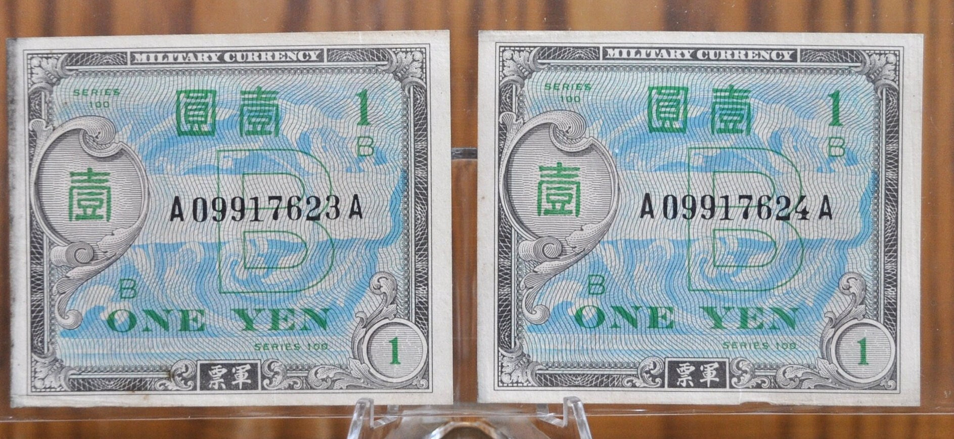 1945 Allied Military 1 Yen Japan Banknotes - 2 Consecutive Serial Numbers! - B Yen, A-A - 1945 Allied Japanese One Yen Note - P#67a