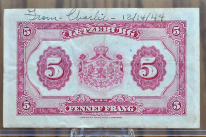 1944 Grand Duché De Luxembourg 5 Francs Paper Note- WWII Era Bank Note - 1944 Grand Duché De Luxembourg Five Francs Banknote, P-43b