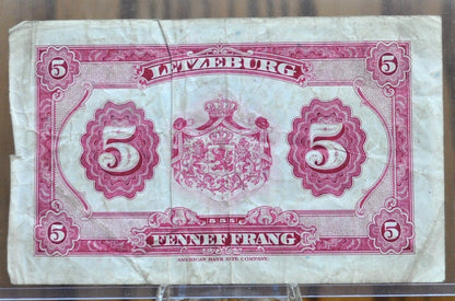 1944 Grand Duché De Luxembourg 5 Francs Paper Note- WWII Era Bank Note - 1944 Grand Duché De Luxembourg Five Francs Banknote, P-43b