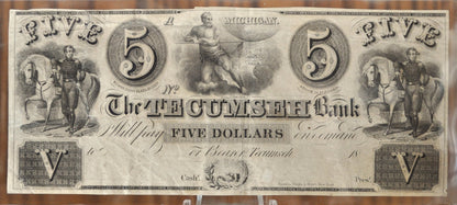 1800s N.D. Tecumseh Bank 5 Dollar Paper Banknote - Michigan Obsolete Currency - Unsigned Note - 1837 Five Dollar MI Banknote